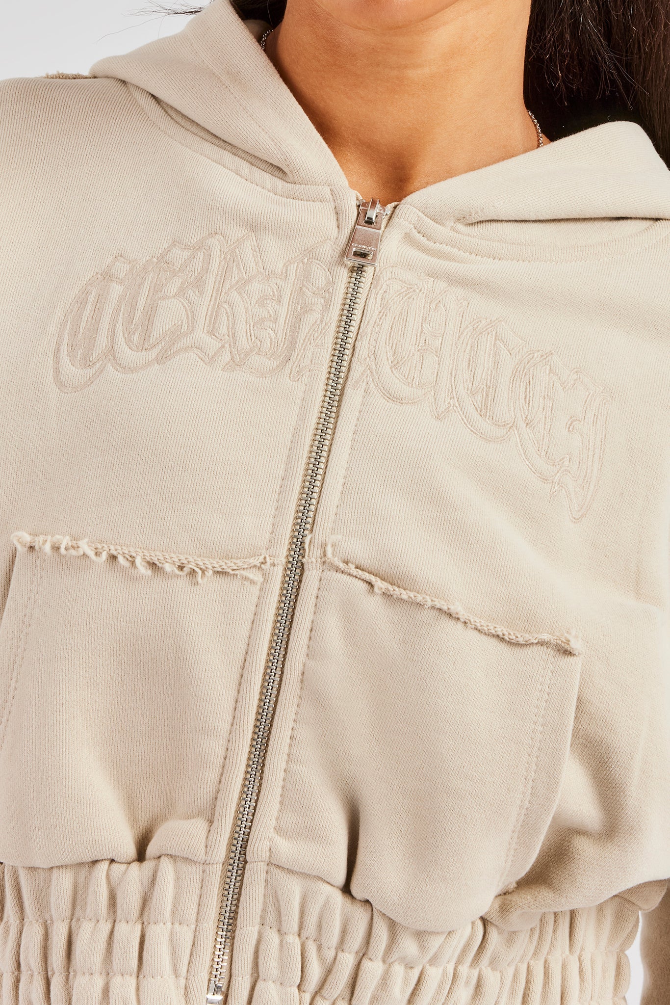 Cropped Exposed Seam Zip Through Hoodie - Stone